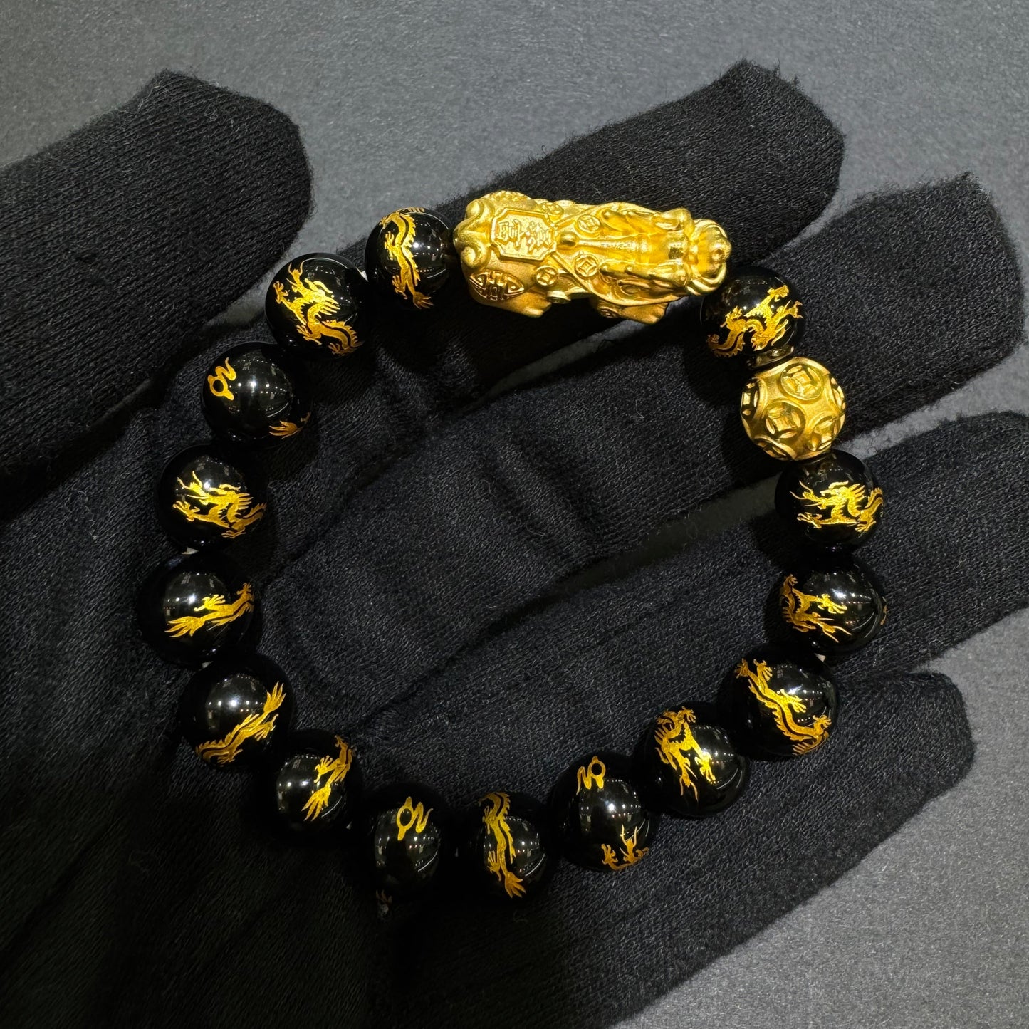 24K Pixiu Bracelet with Black Beads