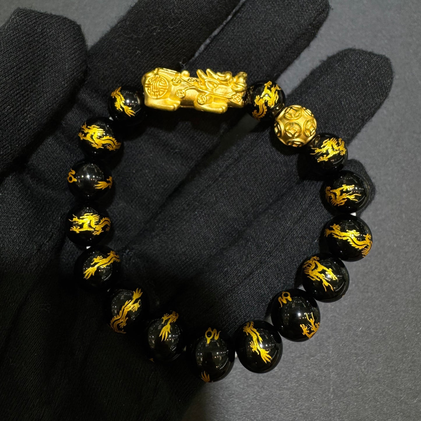 24K Pixiu Bracelet with Black Beads