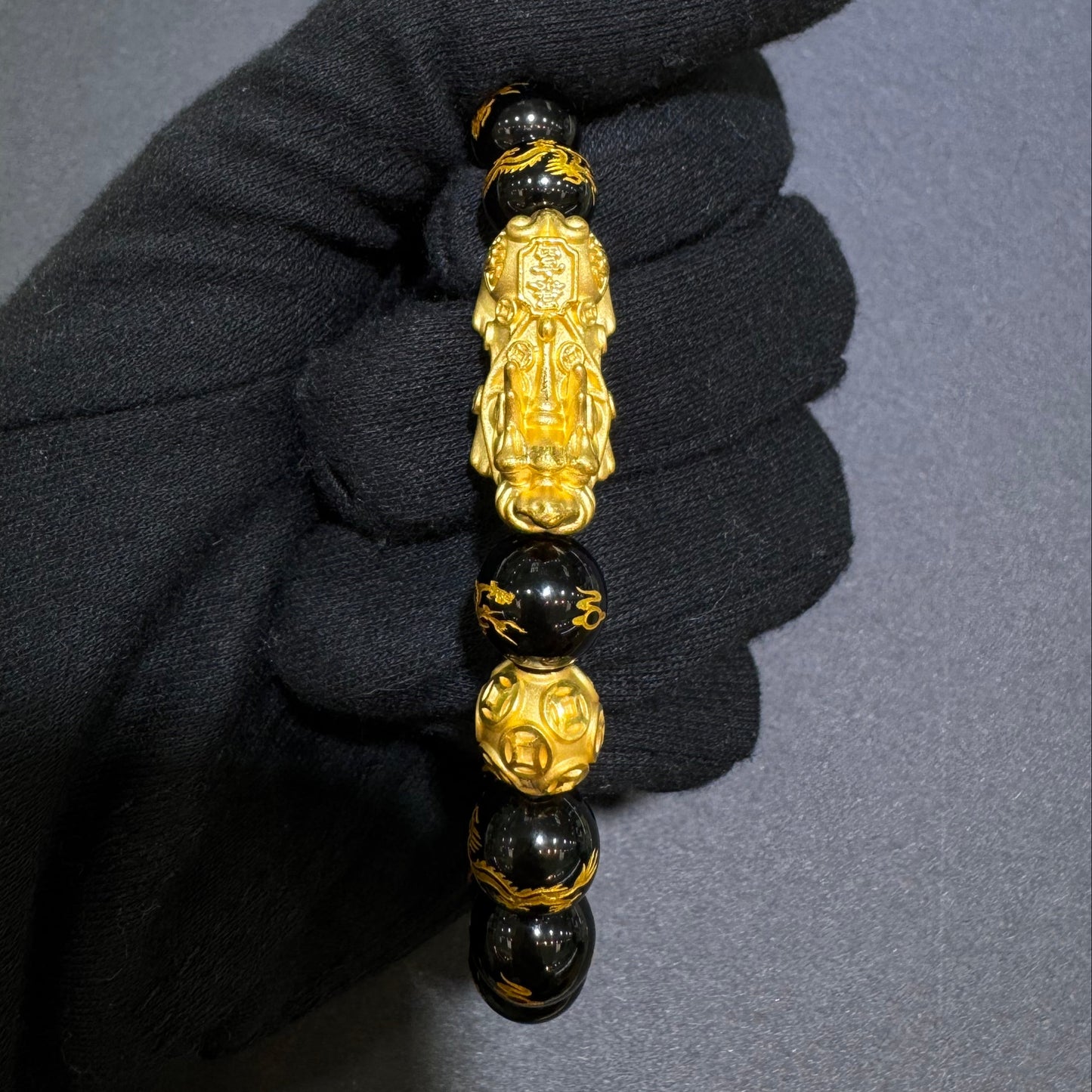 24K Pixiu Bracelet with Black Beads