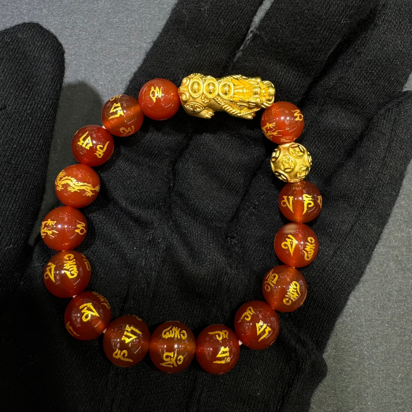 24K Pixiu Bracelet with Red Beads