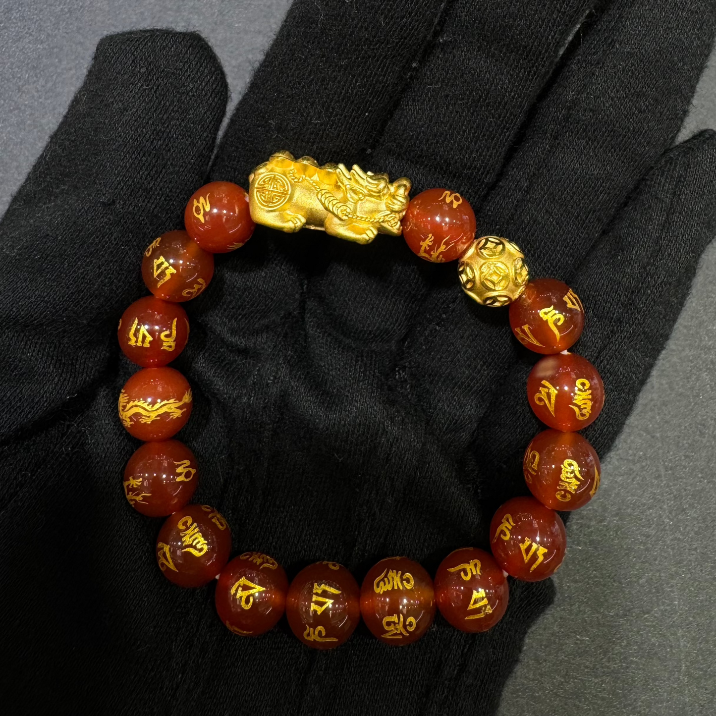 24K Pixiu Bracelet with Red Beads