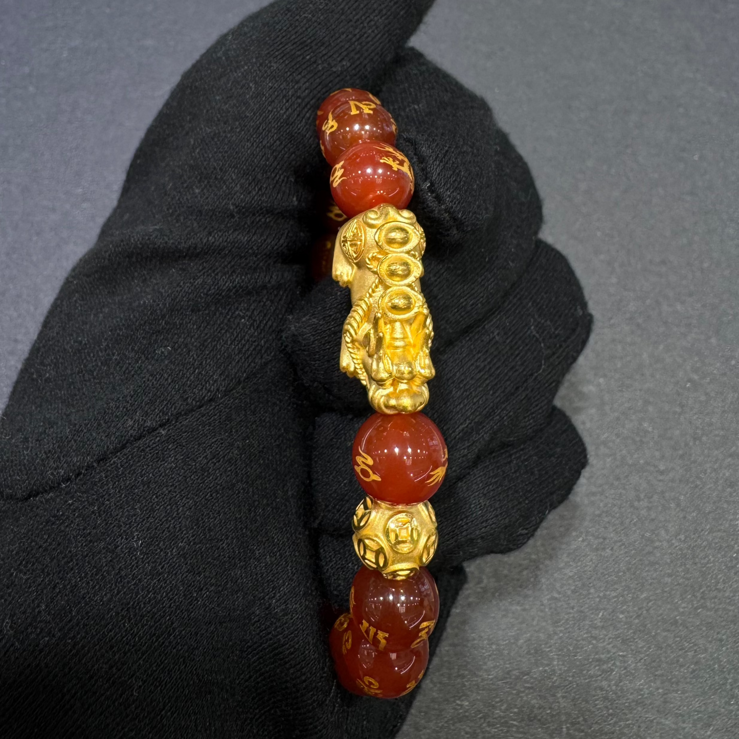 24K Pixiu Bracelet with Red Beads