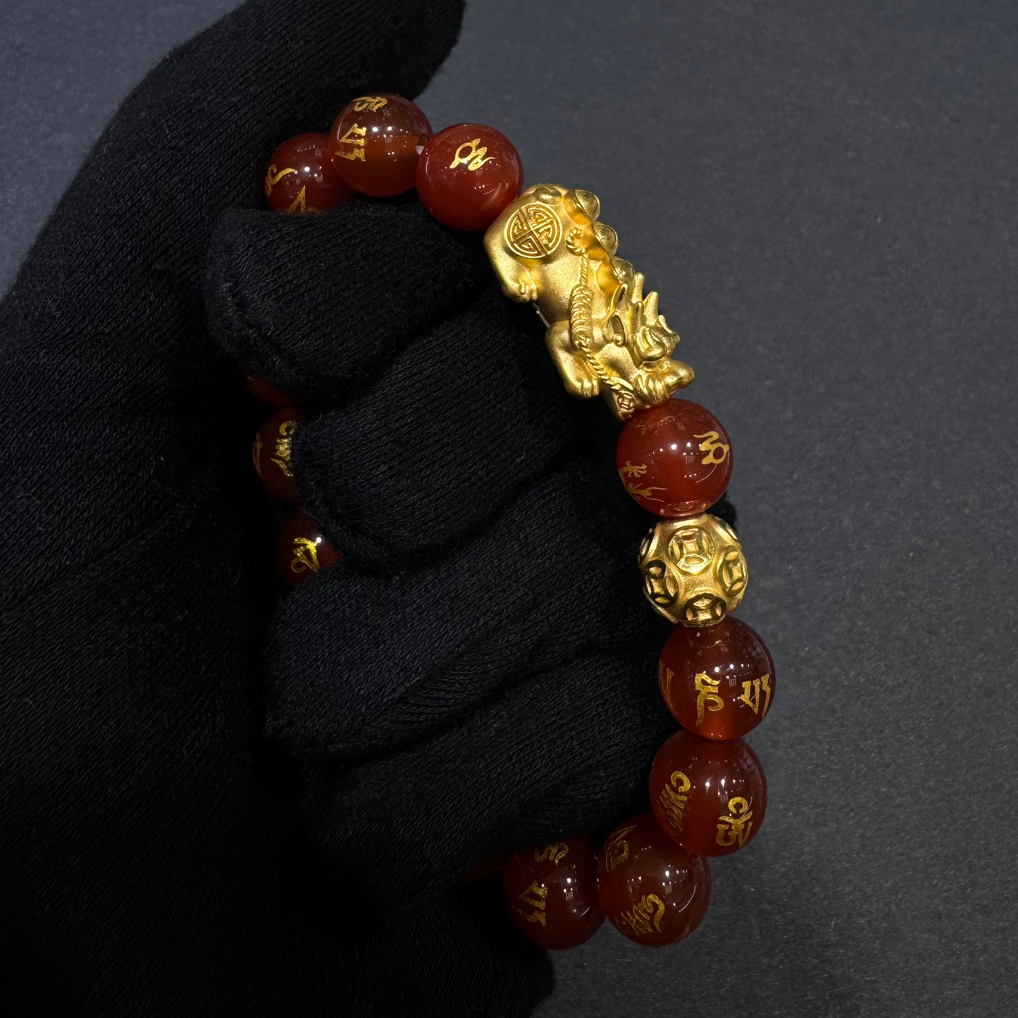 24K Pixiu Bracelet with Red Beads