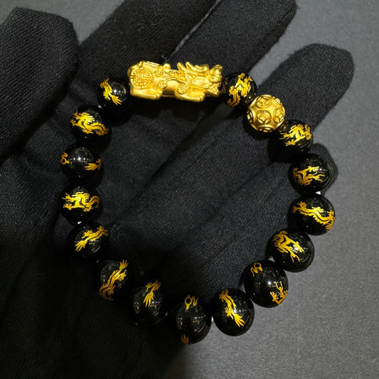 24K Pixiu Bracelet with Black Beads