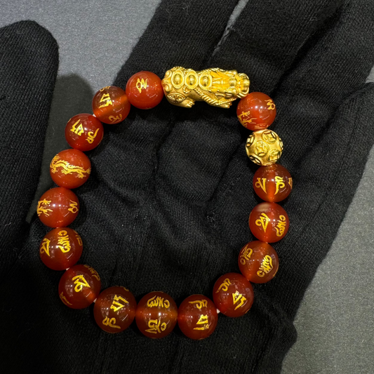 24K Pixiu Bracelet with Red Beads